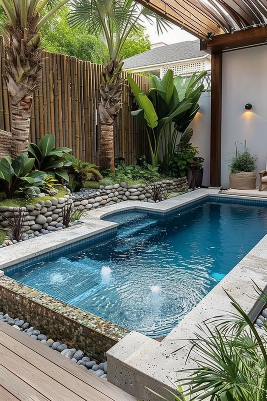 ALT: A serene backyard setting with a rectangular swimming pool surrounded by tropical plants, wooden decking, and a bamboo fence.
