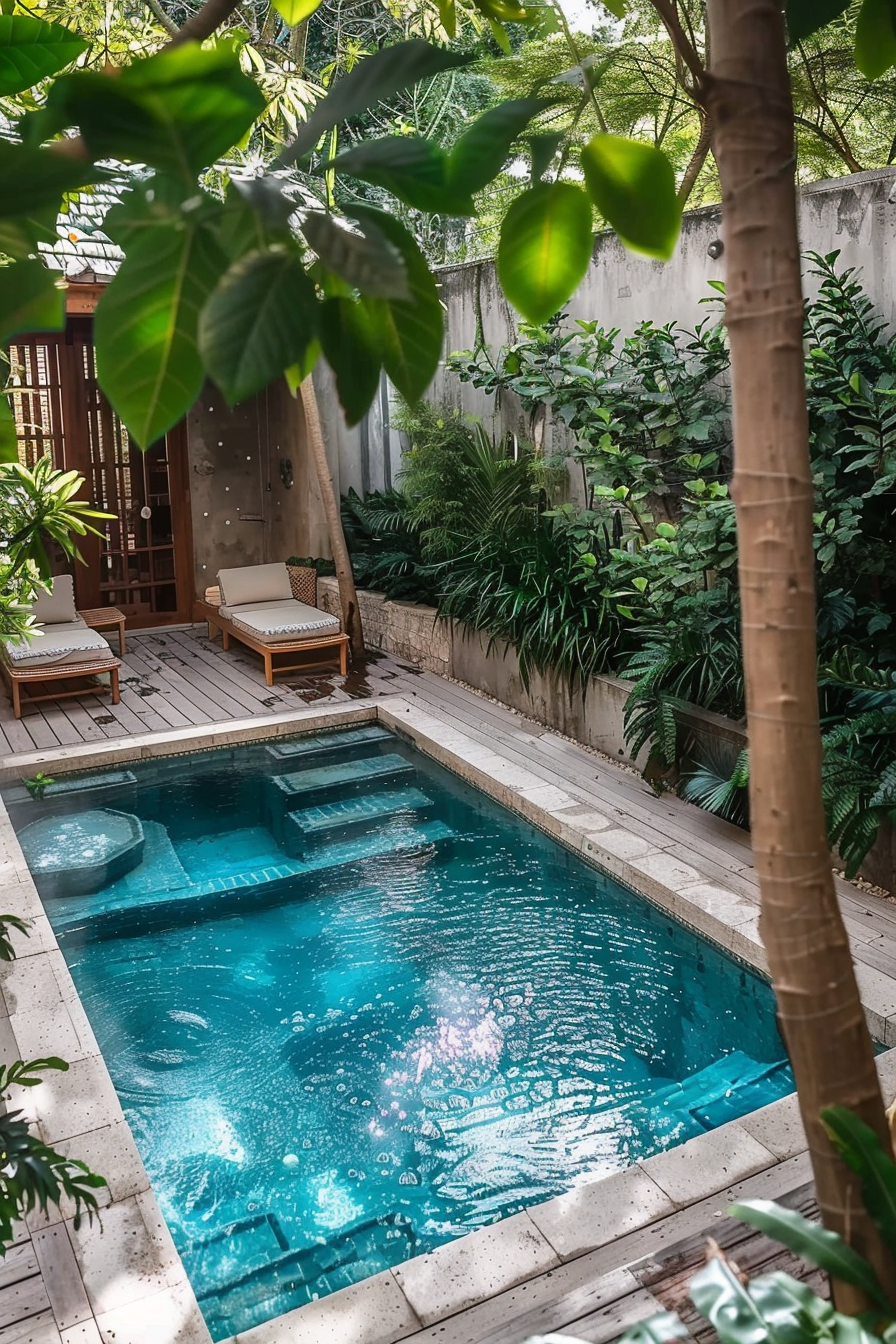 A secluded backyard pool surrounded by lush greenery with wooden deck chairs, creating a tranquil oasis.
