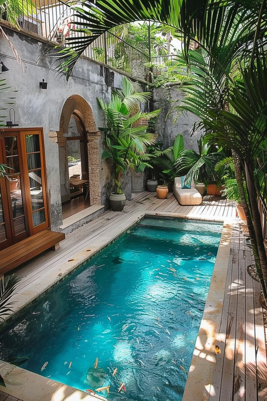 A serene backyard with a small clear blue pool, surrounded by tropical plants, a wooden deck, and an archway leading to a cozy patio.