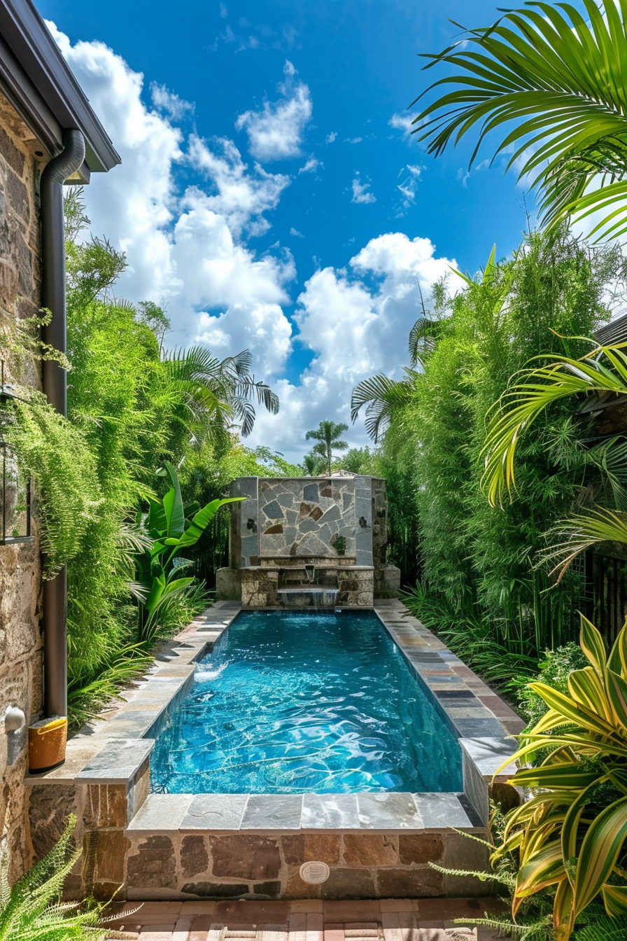 Private backyard pool with stone waterfall feature, surrounded by lush tropical plants under a blue sky with fluffy clouds.