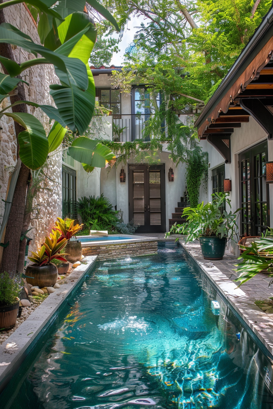 Alt text: A serene backyard with a long, narrow swimming pool surrounded by lush greenery and a stone house with large windows and shutters.