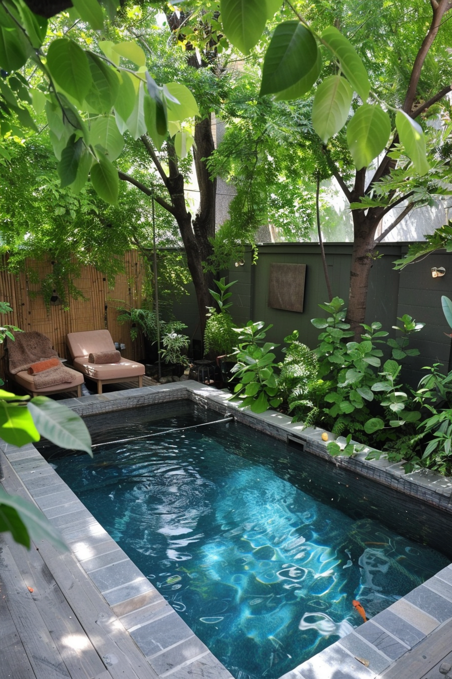A tranquil backyard garden with a small square pool, wooden deck, lush greenery, and a single lounge chair under the shade of trees.