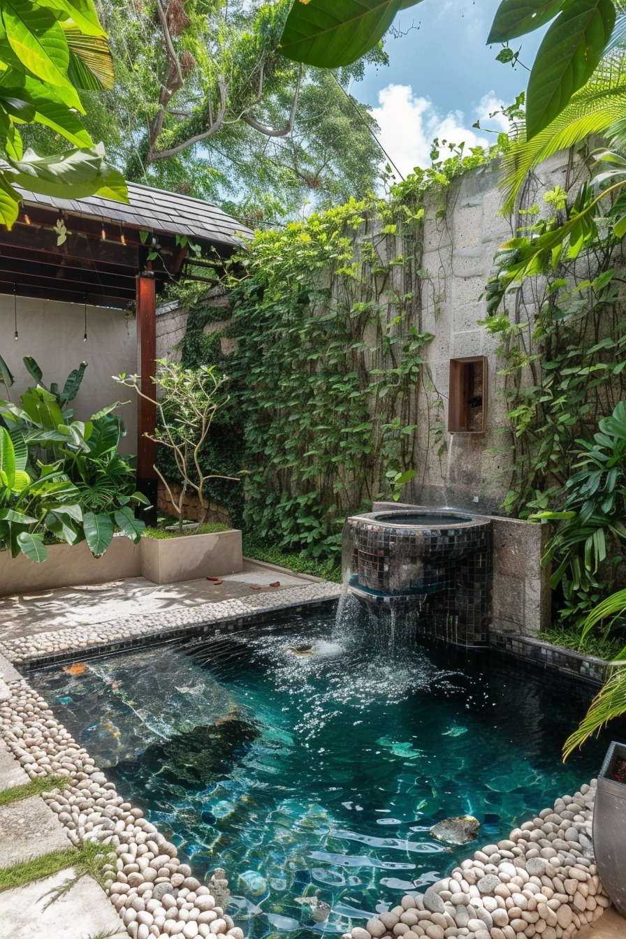 A serene outdoor pool with a built-in waterfall, surrounded by lush greenery and stone walls, under a clear sky.