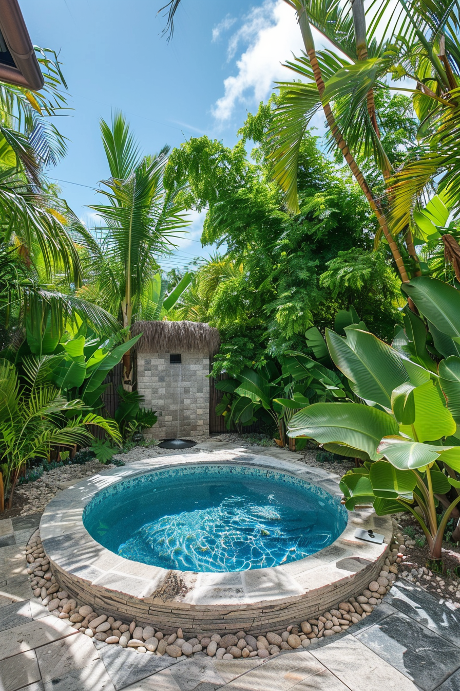 A small, round swimming pool surrounded by lush tropical plants and a stone pathway under a clear blue sky.