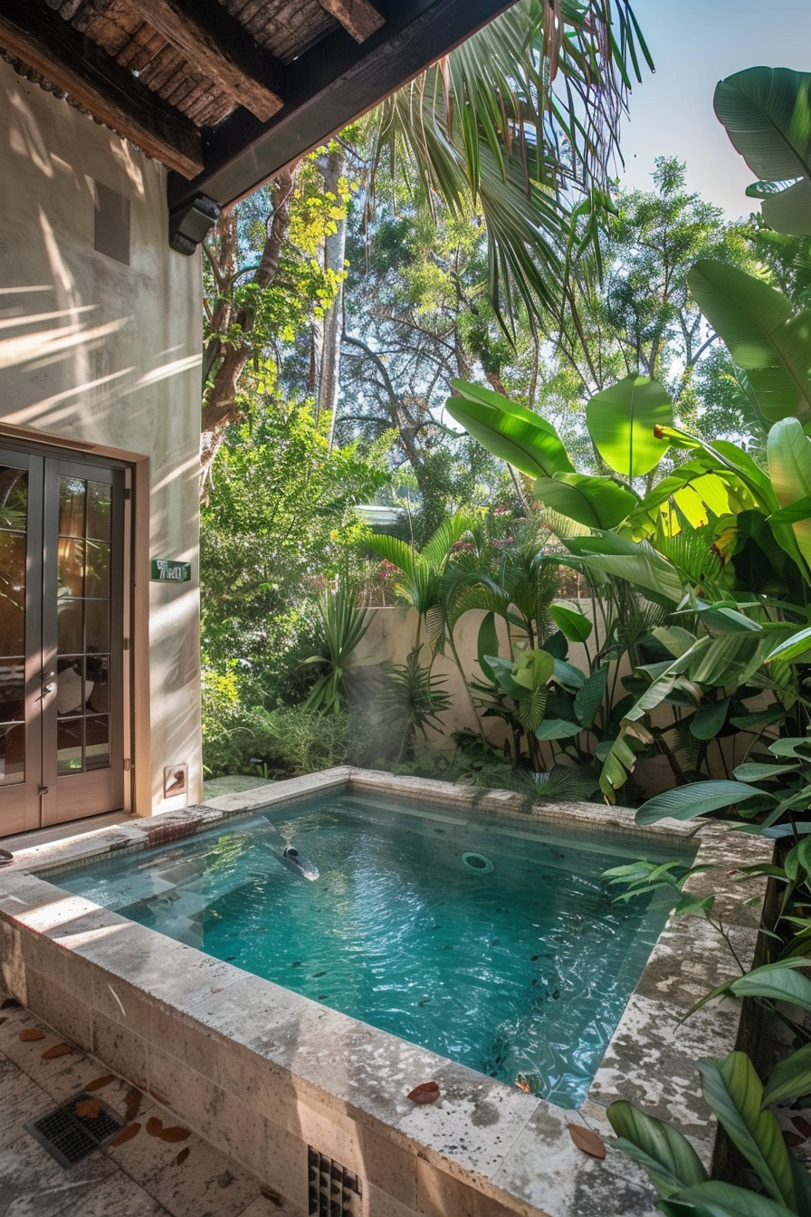 A tranquil outdoor plunge pool surrounded by lush greenery and tropical plants, with a clear blue sky above.