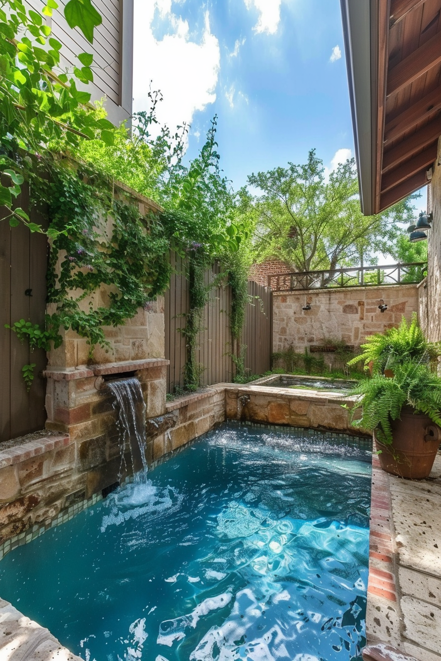 A serene backyard setting with a small pool, cascading water feature, greenery climbing a wooden fence, and a clear sky above.