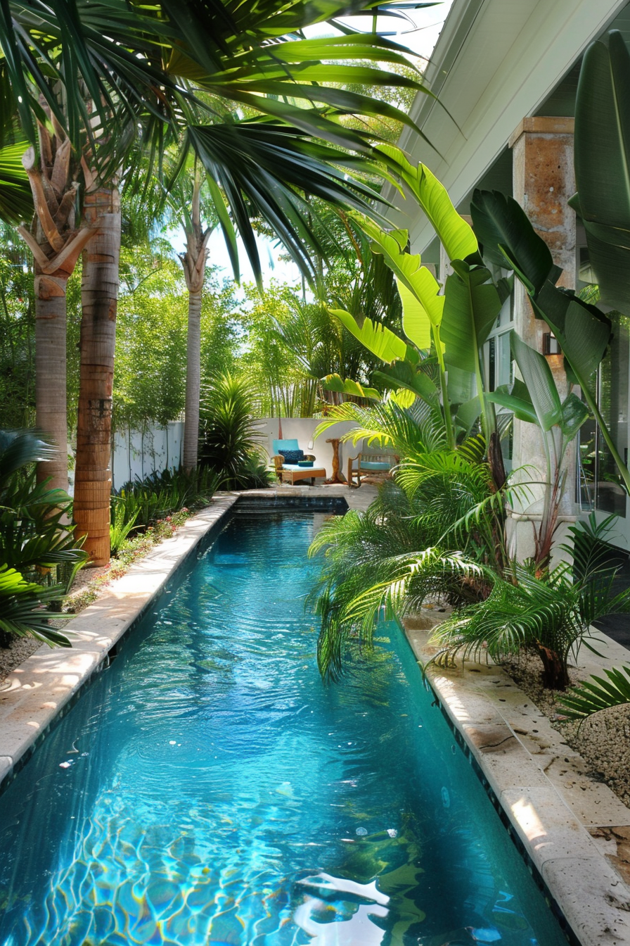 Narrow backyard pool surrounded by lush greenery with a seating area at the end, reflecting a tropical oasis vibe.