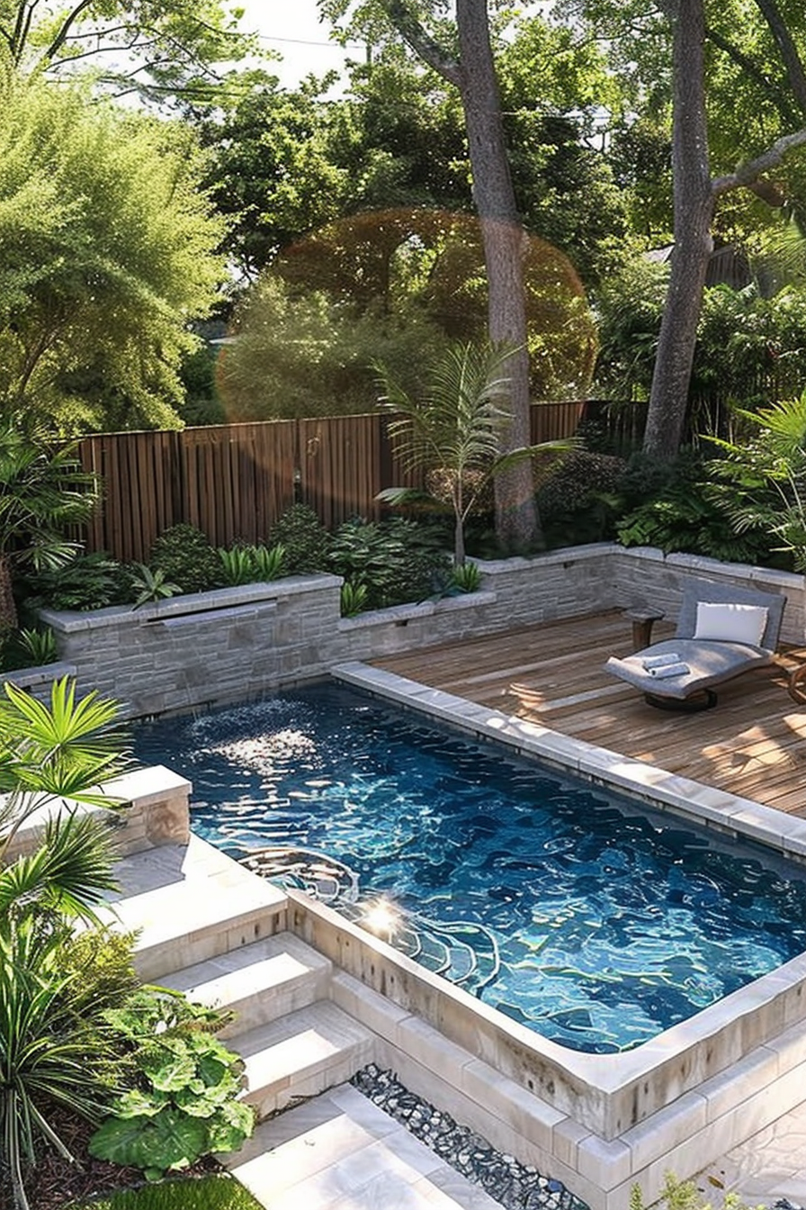 An inviting backyard pool with stone walls and wooden deck, surrounded by lush greenery and a wooden fence for privacy.