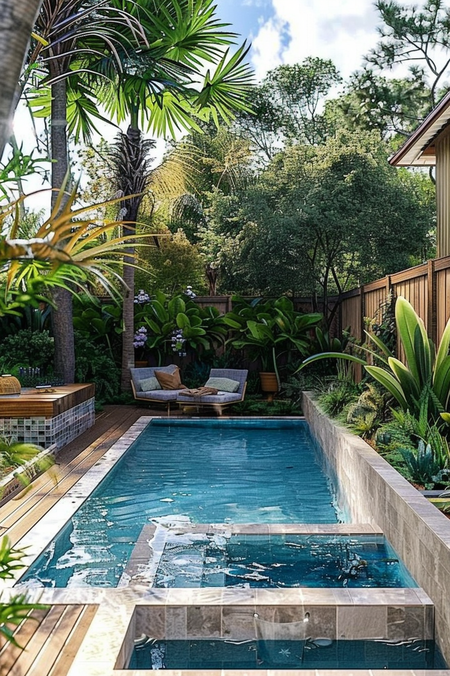 A serene backyard with a long narrow pool, surrounded by lush tropical plants and a lounging area with a wood bench.