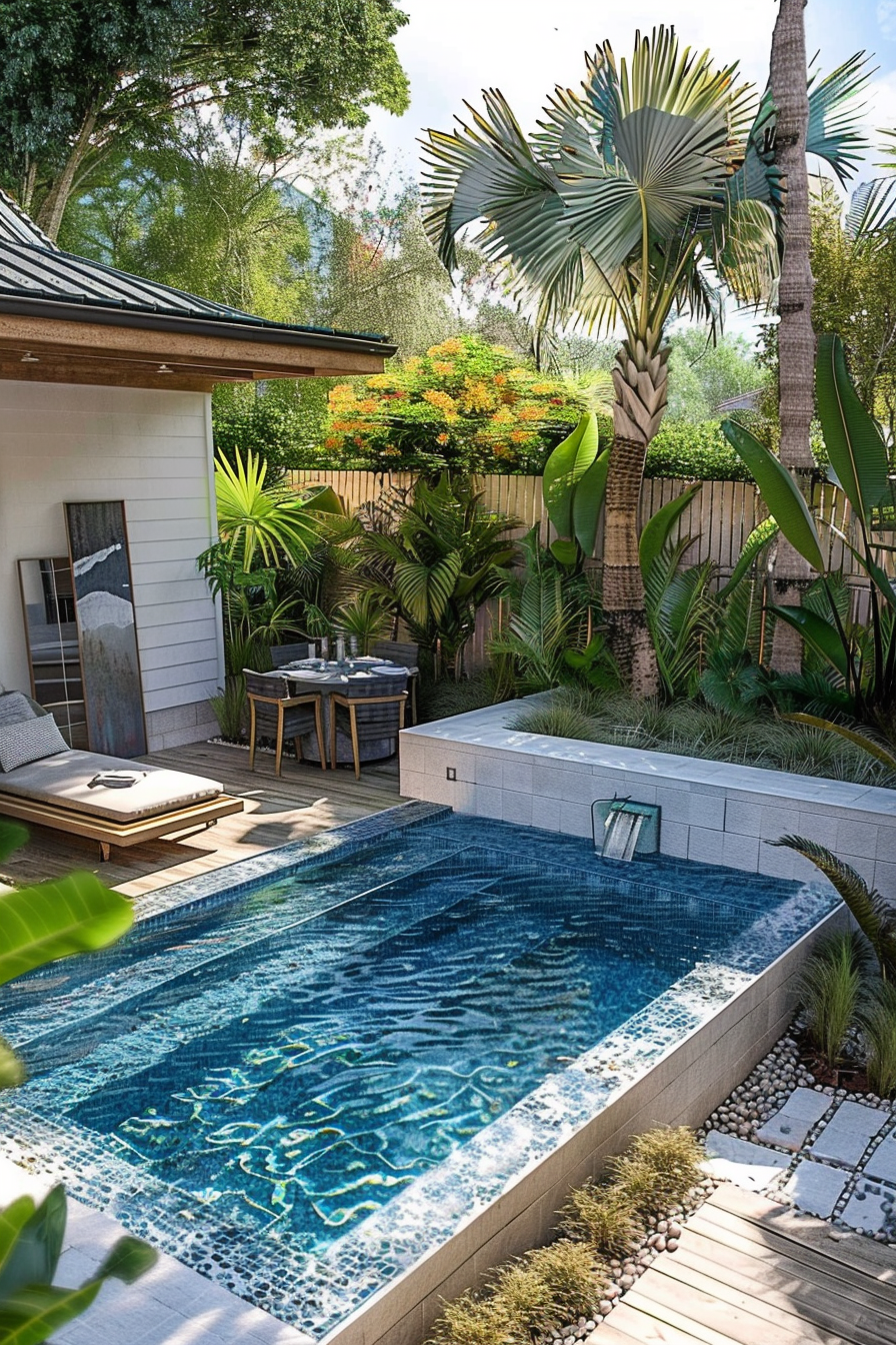 A tranquil backyard oasis featuring a shimmering rectangular pool, surrounded by lush tropical plants and a cozy lounging area.