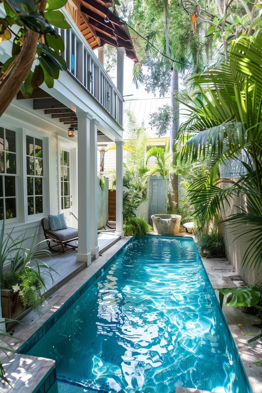 A tranquil narrow backyard pool flanked by lush greenery and a cozy patio seating area under a shaded white porch.