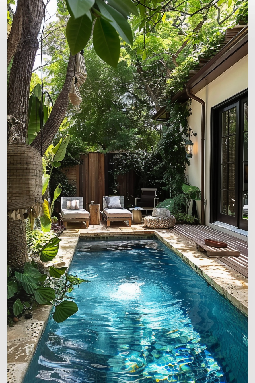 A tranquil backyard with a narrow pool flanked by wooden decking, lounge chairs, and lush greenery.