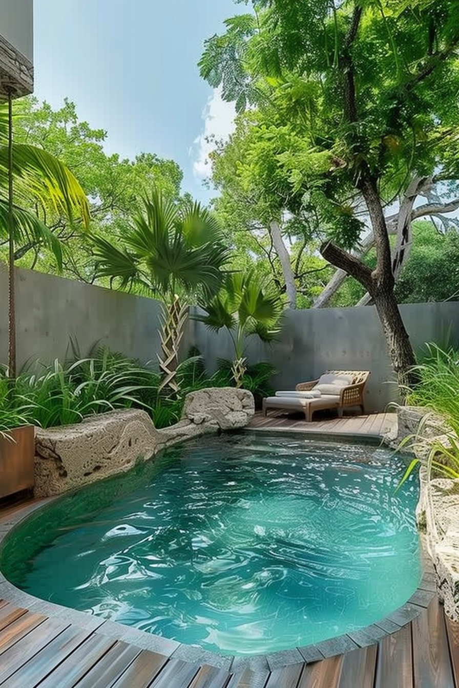 A lush tropical backyard with a circular pool, wooden deck, and a cozy outdoor lounge chair surrounded by greenery and trees.