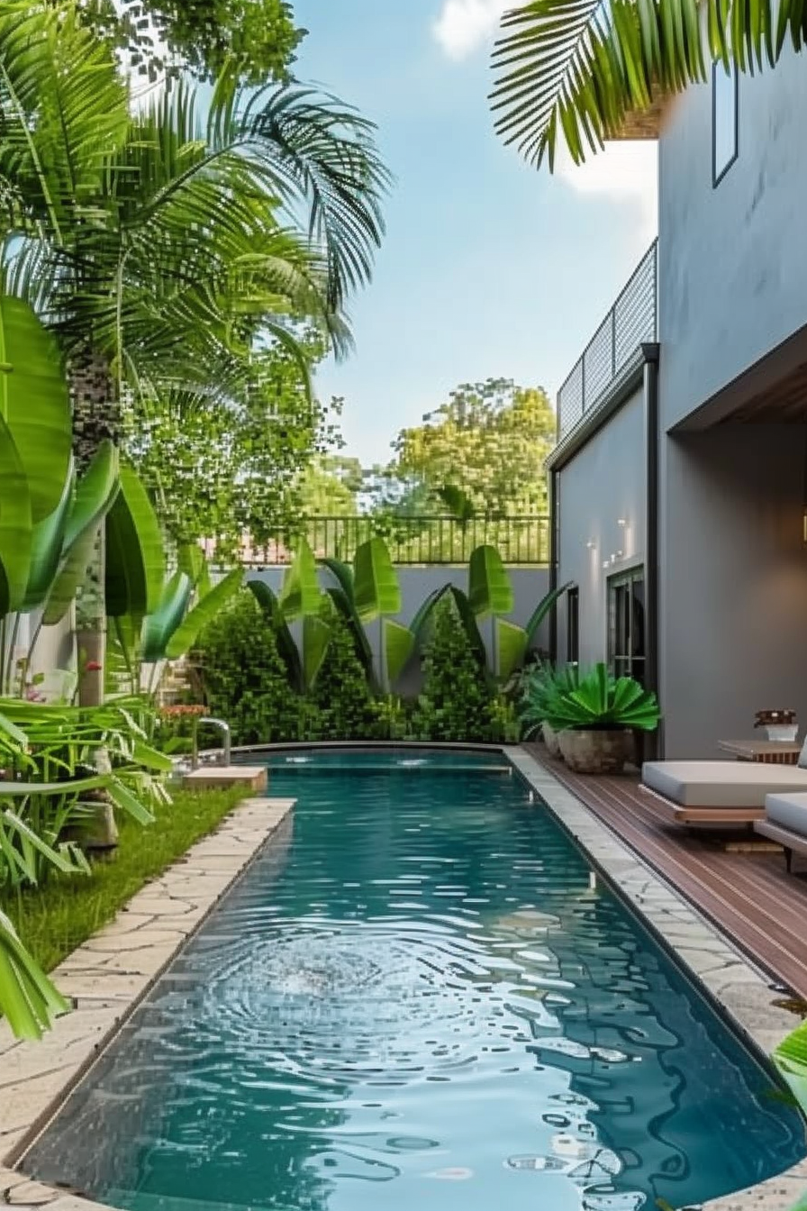 Tropical backyard with a narrow swimming pool surrounded by lush greenery and a modern house with outdoor lounging area.