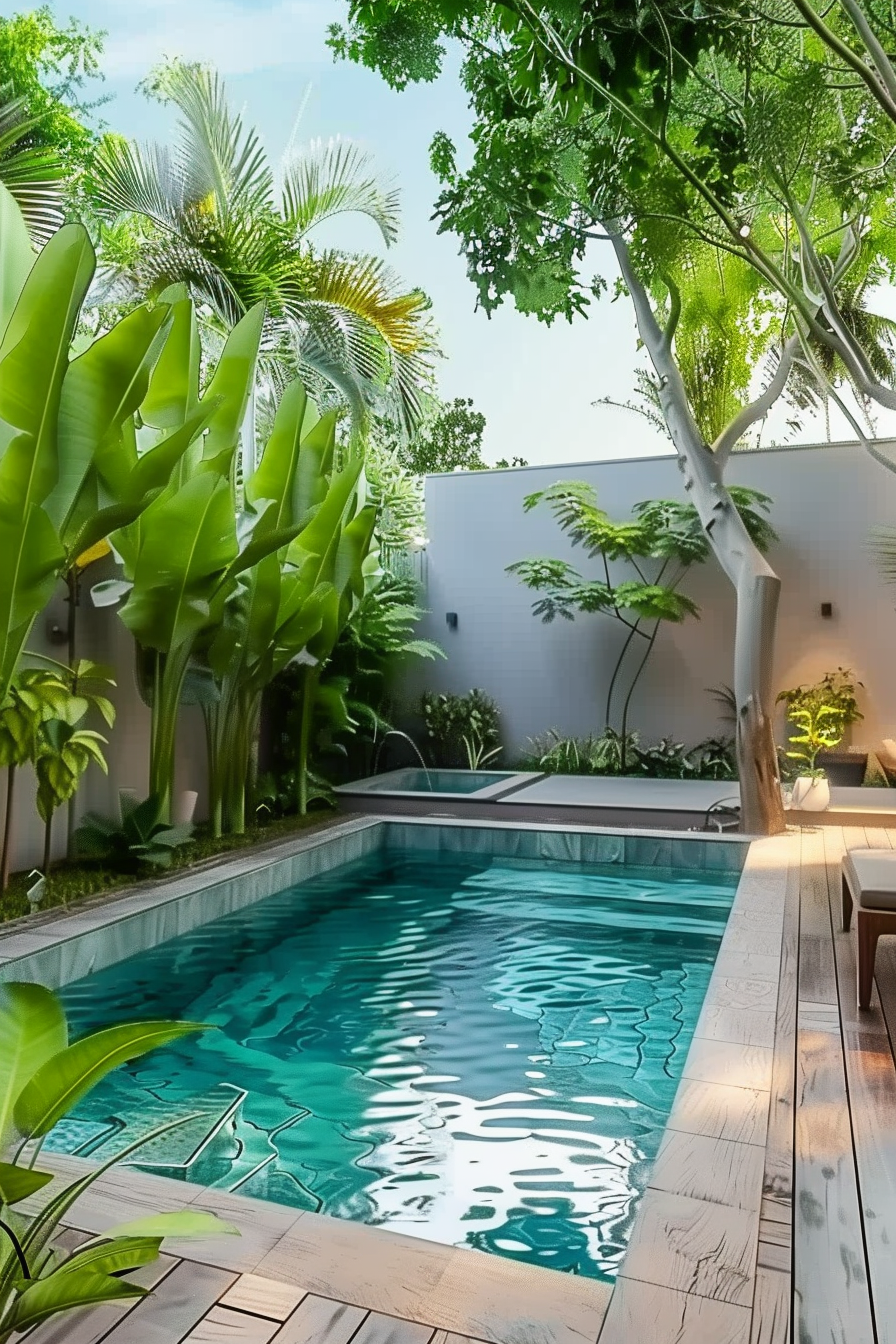 Tranquil backyard with a swimming pool surrounded by tropical plants and trees under a clear sky.