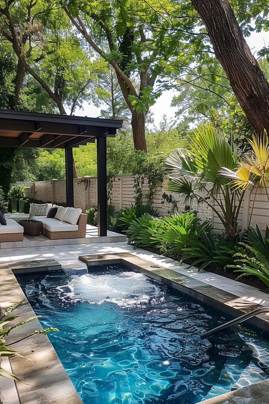 An inviting backyard with a small pool surrounded by lush greenery, shaded lounge area, and a modern pergola.