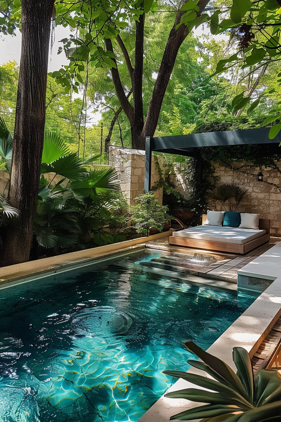 Tranquil outdoor pool area with lush greenery, sunbed, and stone walls, offering a serene place to relax.