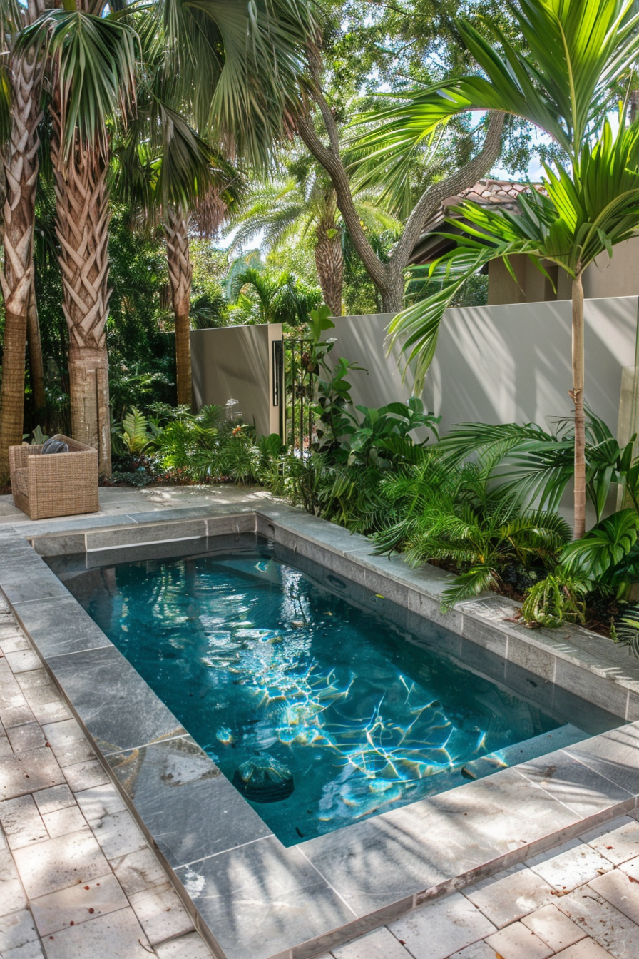 A small rectangular pool surrounded by lush tropical vegetation and stone paving in a serene backyard setting.