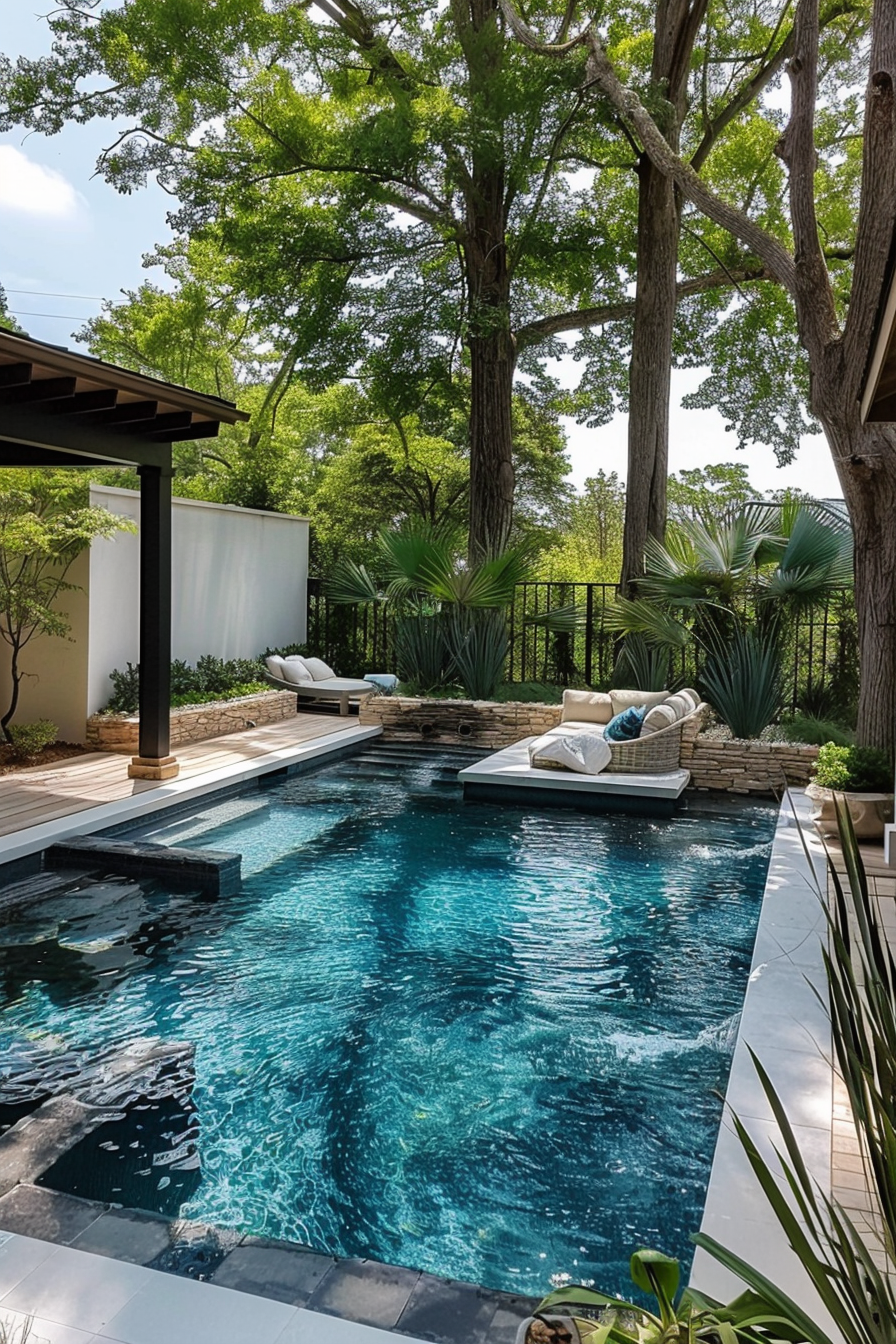 Tranquil backyard with a clear blue swimming pool flanked by loungers, surrounded by greenery and trees under a sunny sky.