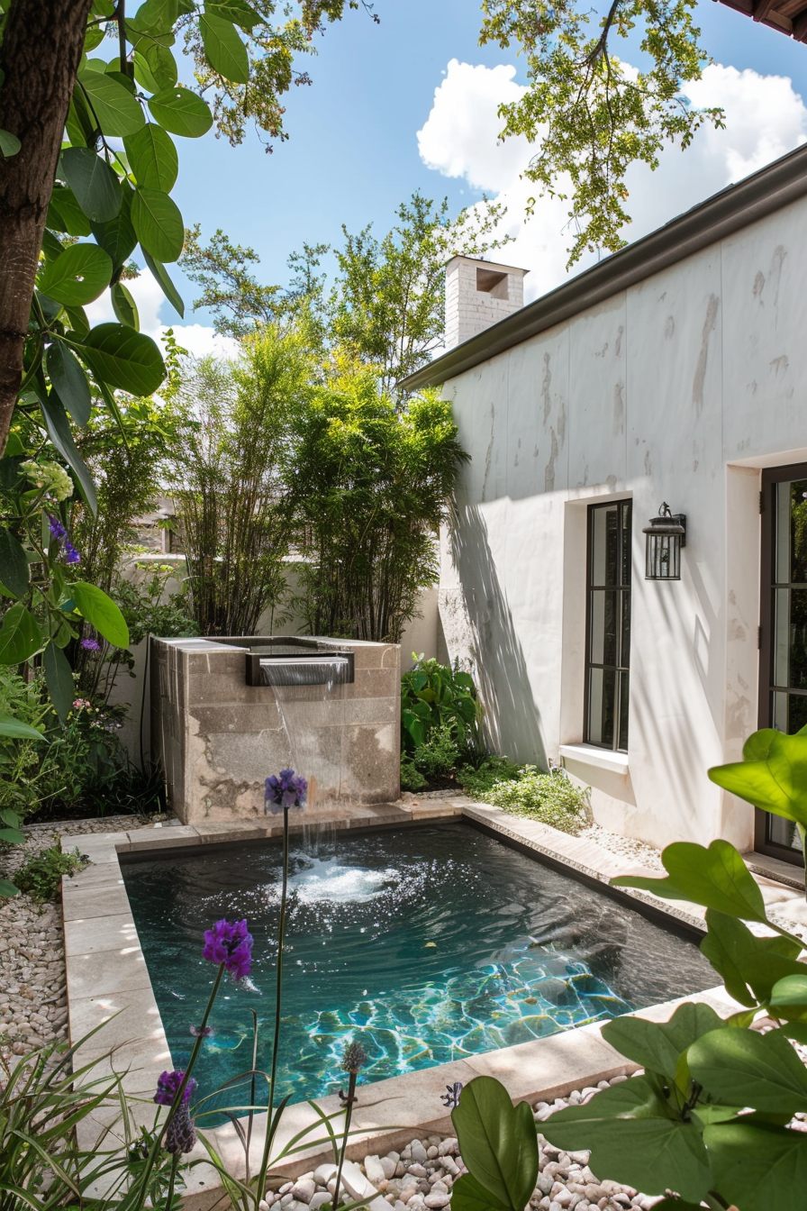 A serene courtyard with green plants, a small water feature cascading into a clear blue plunge pool, and a sunny sky above.