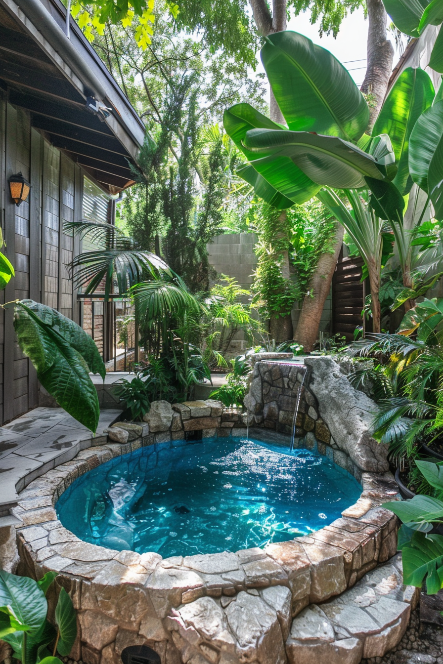 ALT: A serene backyard with a small circular stone hot tub surrounded by lush tropical plants and a wooden house with a sconce light.