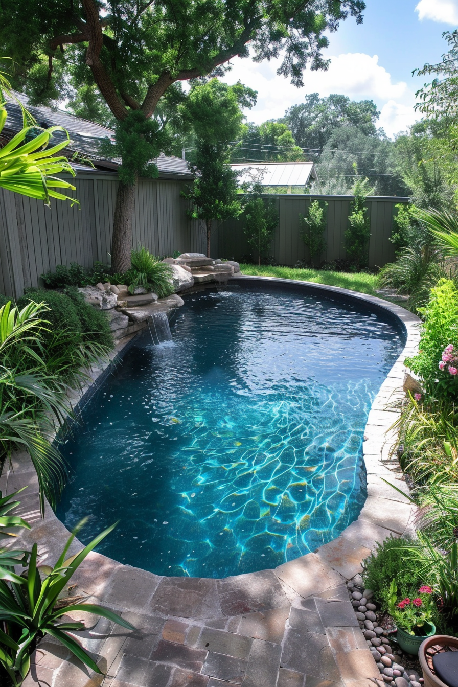 A serene backyard swimming pool with a waterfall feature, surrounded by lush greenery and a privacy fence, under a clear blue sky.