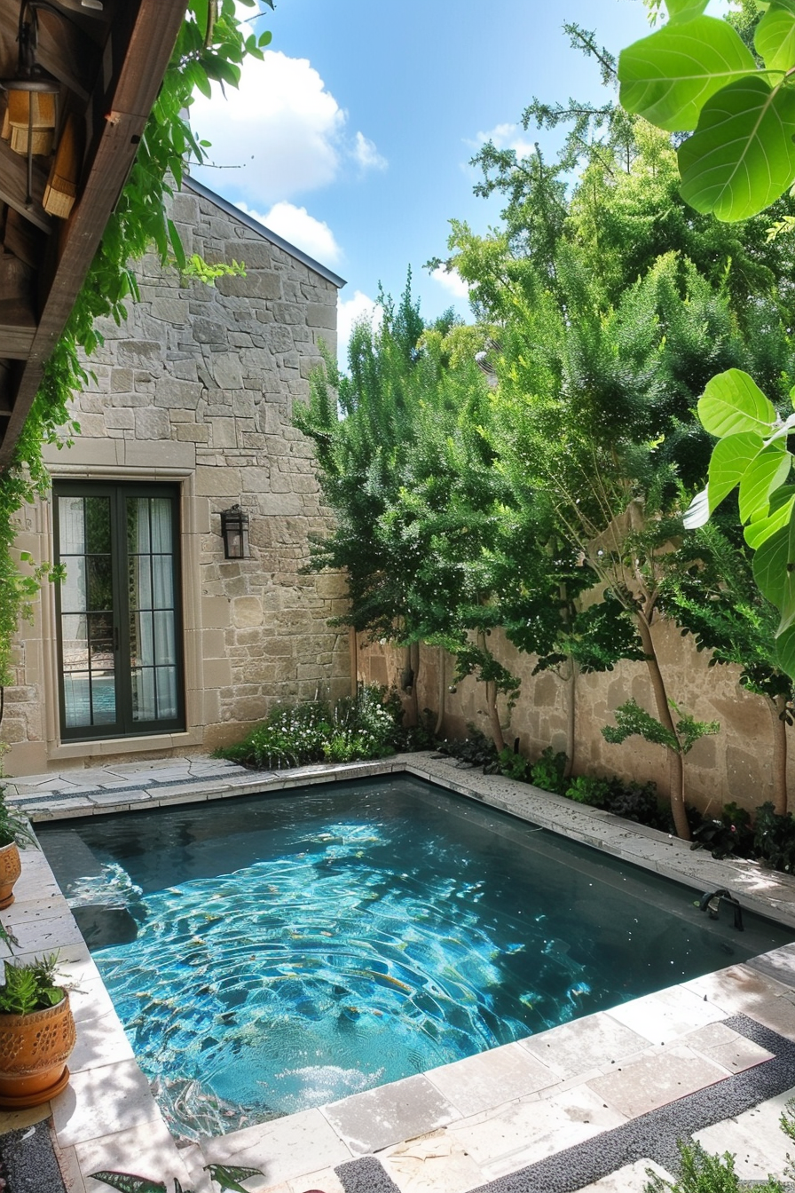 ALT: A tranquil backyard pool with clear blue water, surrounded by a stone house, lush greenery, and potted plants under a blue sky.