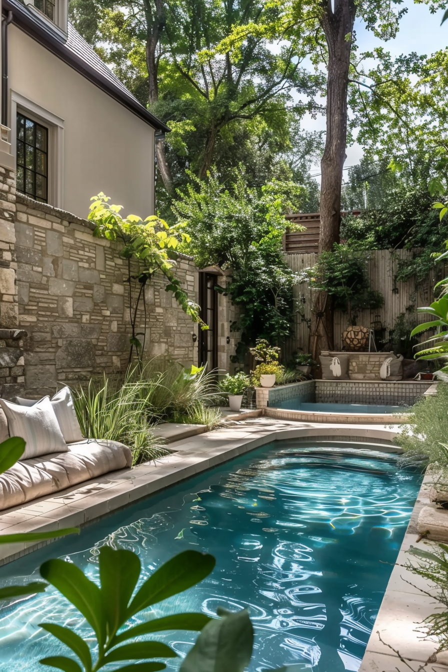 Luxurious backyard swimming pool surrounded by lush greenery and a stone patio with cushions for lounging.