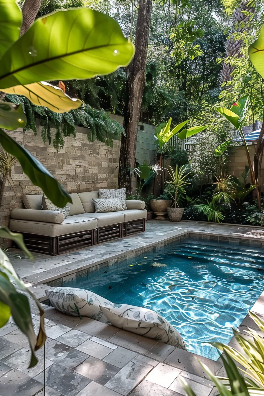 ALT: A serene poolside area with a tiled pool, surrounded by lush greenery and a cozy outdoor sofa, bathed in dappled sunlight.
