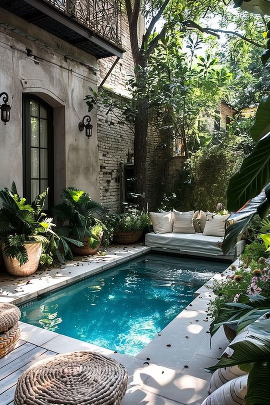 ALT Text: A tranquil urban garden with a small turquoise pool, surrounded by rich greenery, potted plants, and cozy seating area with cushions.