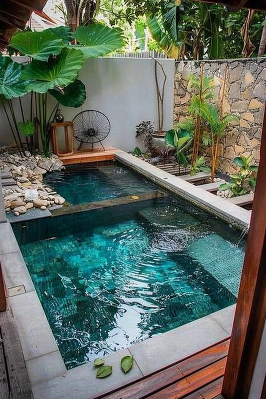 An inviting small backyard pool surrounded by tropical plants, stone wall, wooden deck, and a black fan, with a pair of green flip-flops on the deck.