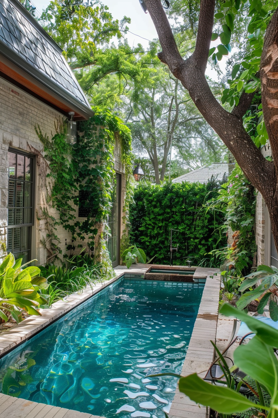 A tranquil backyard setting with a narrow pool flanked by lush greenery and ivy-covered walls under a clear sky.