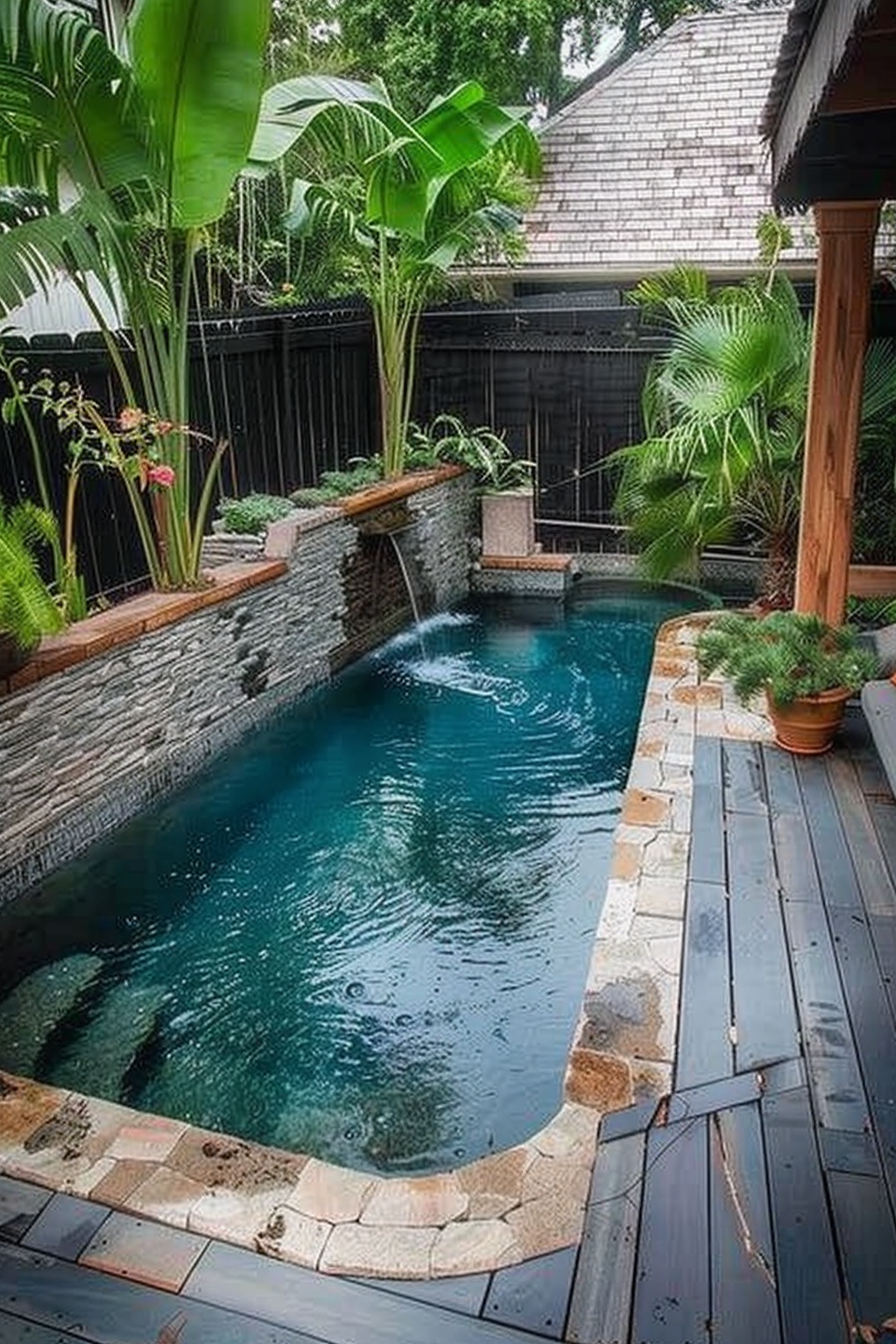 A serene backyard with a small blue pool surrounded by lush green plants, stone accents, and a wooden deck.