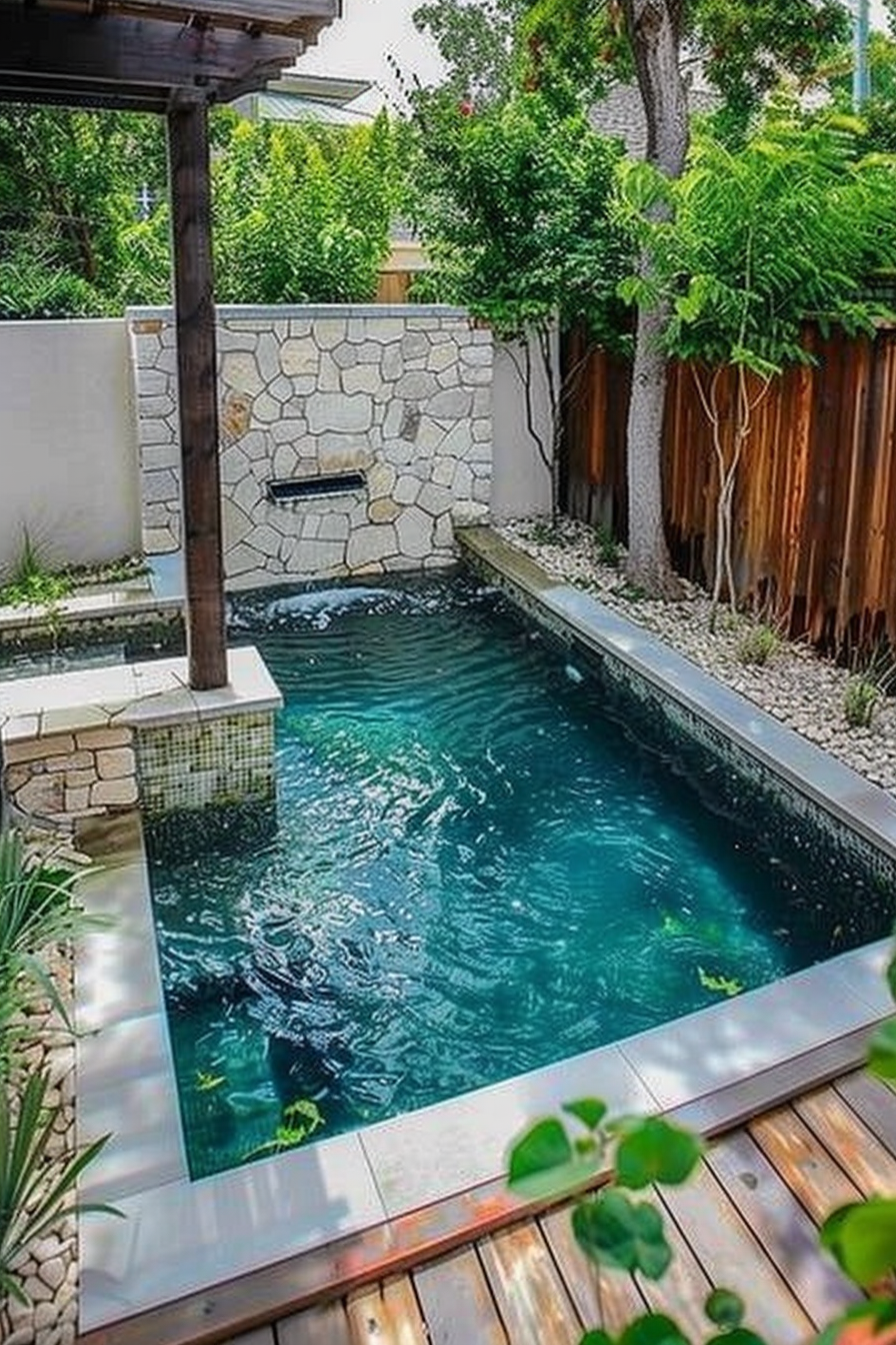 ALT: A small backyard pool with clear blue water surrounded by greenery, a wooden deck, and a stone water feature.