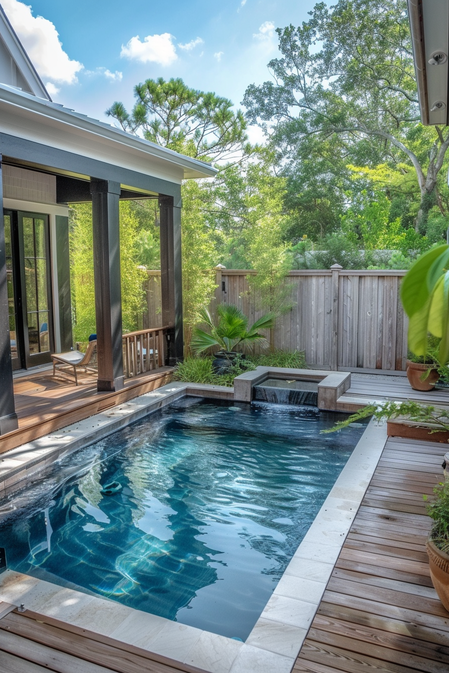 A serene backyard with a wooden deck, a small square pool, and lush greenery under a clear blue sky.