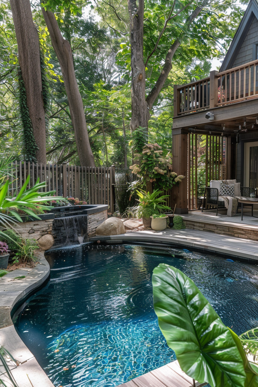 ALT: A serene backyard with a small, curvy pool and waterfall, surrounded by lush greenery, trees, and a cozy deck with furniture.