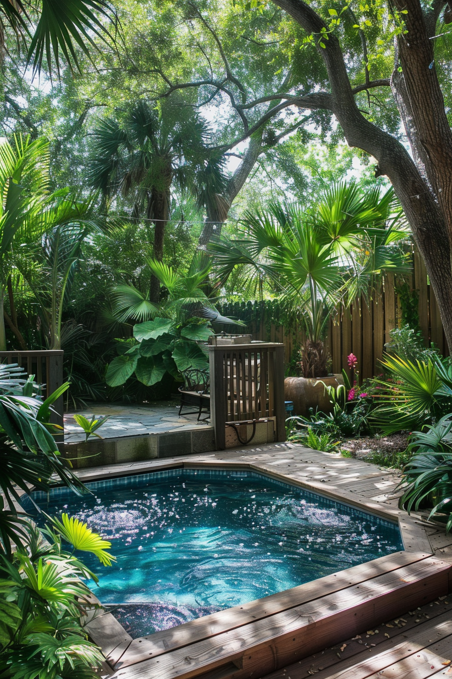 A serene backyard oasis with a sparkling pool surrounded by lush greenery, wooden decking, and a small patio area.