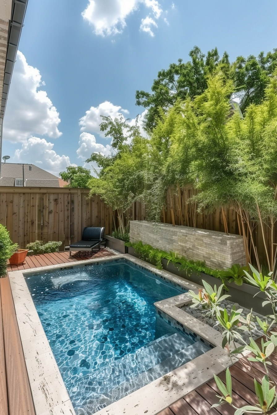 A small backyard with a blue swimming pool, surrounded by wooden decking, greenery, and a privacy fence under a sunny sky.