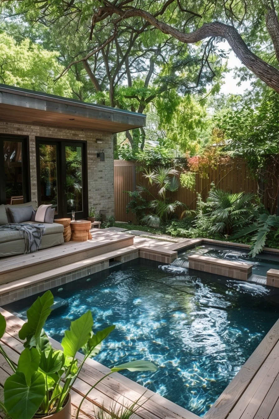 A serene backyard with a swimming pool surrounded by wooden decking, lush greenery, and a cozy lounging area adjacent to a modern house.