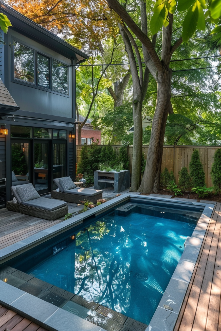 A serene backyard with a rectangular swimming pool, surrounded by wooden decking and loungers, adjacent to a two-story modern home.