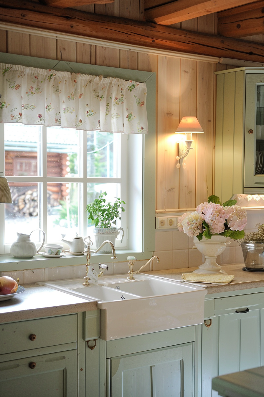 A cozy kitchen interior with a vintage style, featuring a white farmhouse sink, pale green cabinets, and a window with floral curtains.