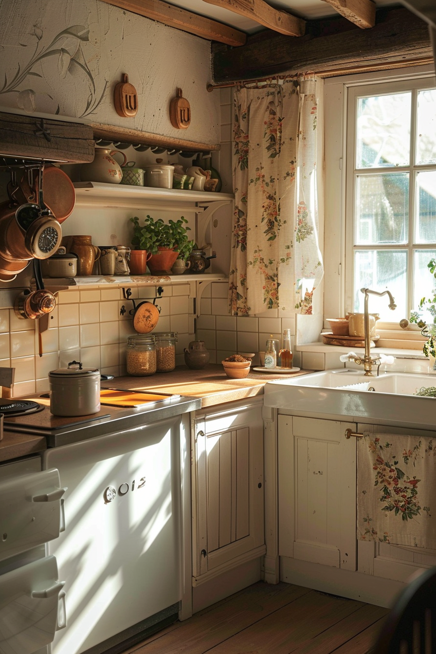 Cozy vintage kitchen with natural light, white cabinetry, hanging pots, and floral curtains.