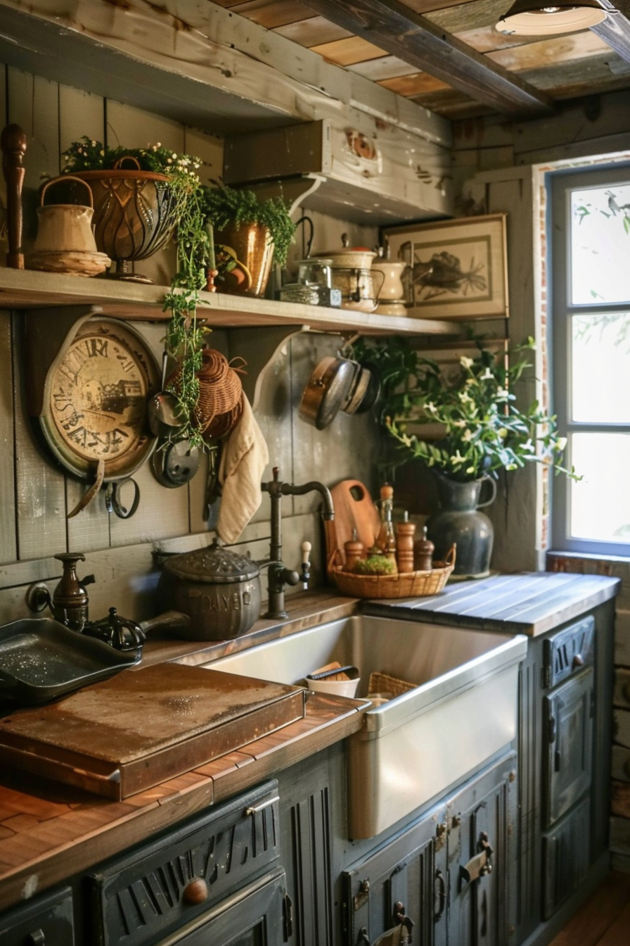 A cozy rustic kitchen with vintage utensils on open shelves, a farmhouse sink, and wooden countertops illuminated by natural light.