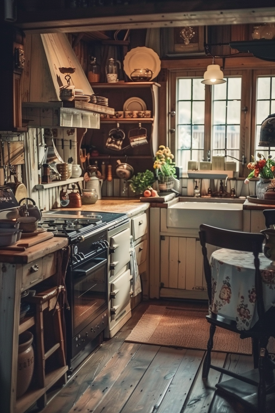 Cozy vintage kitchen interior with wood cabinets, antique cookware, hanging kettle, and a rustic stove.