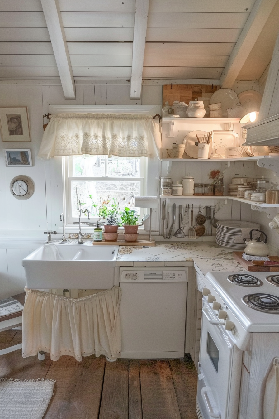 Cozy cottage-style kitchen interior with white cabinetry, apron sink, rustic wooden floor, and vintage decor accents.
