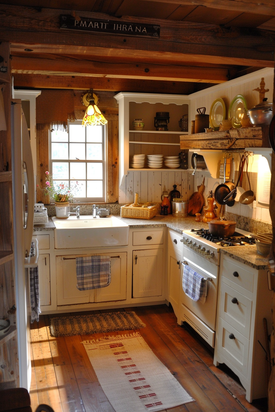 Cozy vintage kitchen interior with white cabinets, wooden countertops, and a warm sunlight shining through a window.