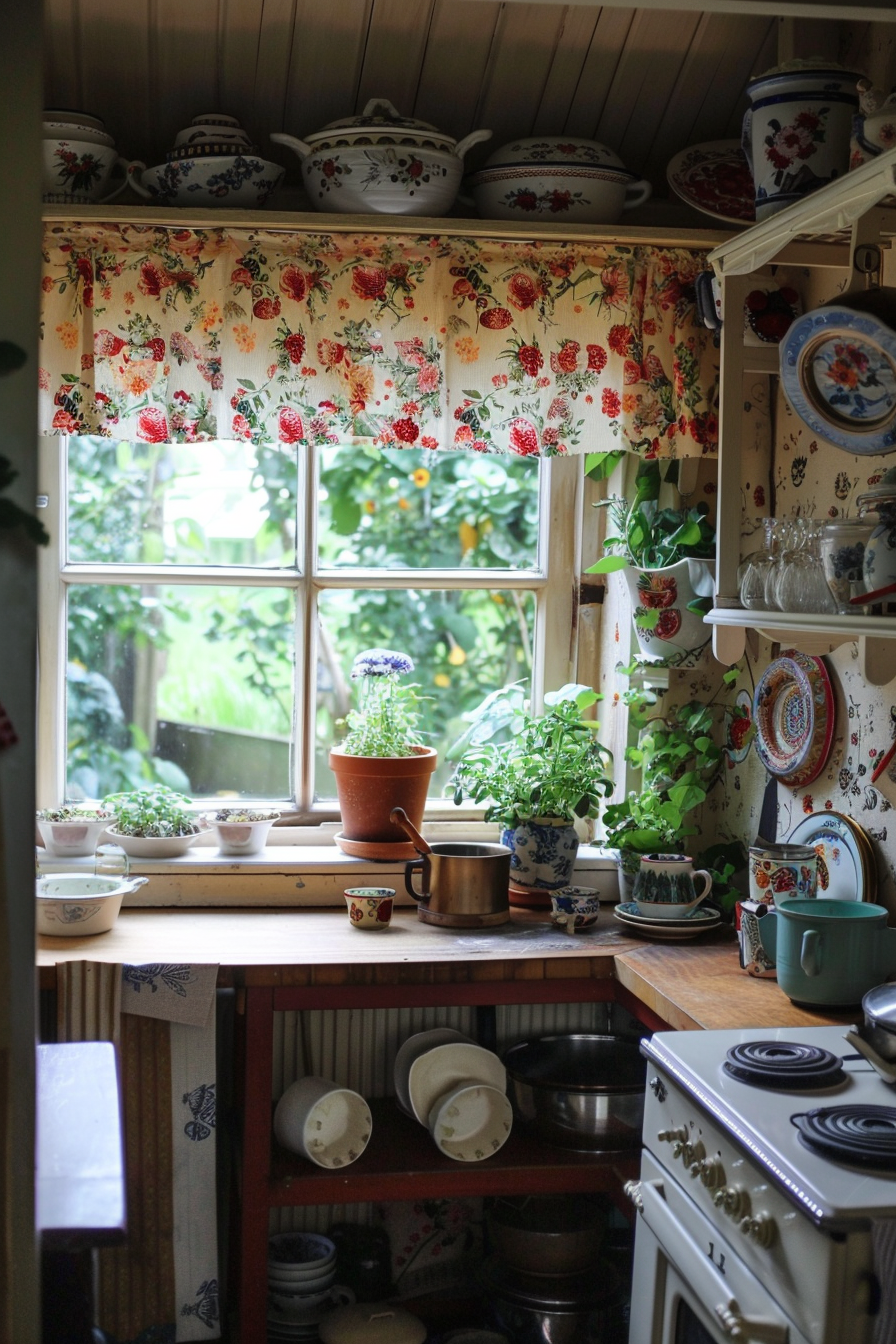 Cozy kitchen interior with floral curtains, plants on the windowsill, vintage dishes, and a classic stove.