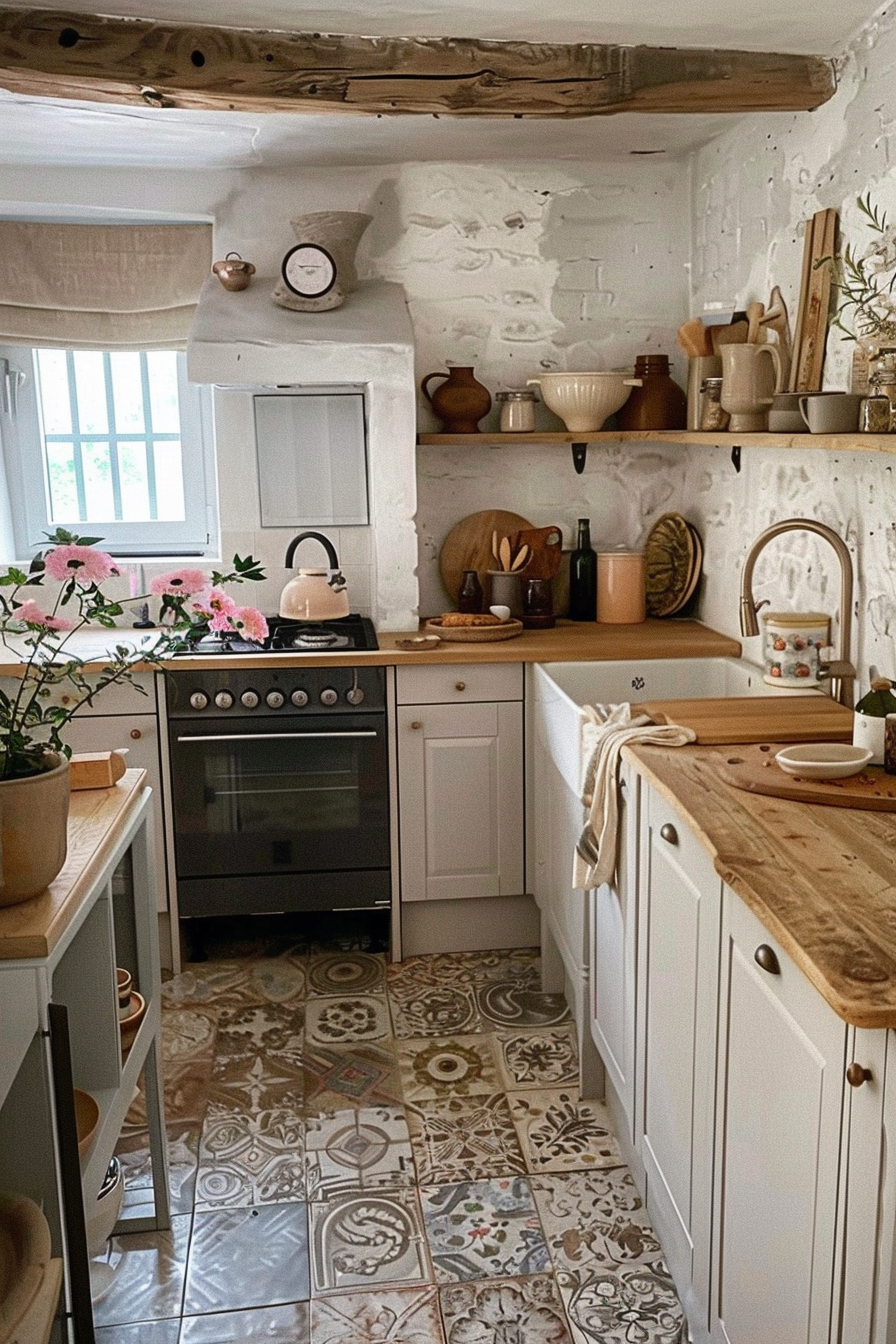 A cozy rustic kitchen with white cabinets, wooden countertops, patterned tiles, and vintage kitchenware on open shelves.
