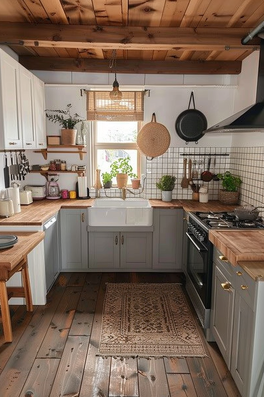 Cozy kitchen interior with white farmhouse sink, wooden countertops, exposed beams, and hanging cookware.