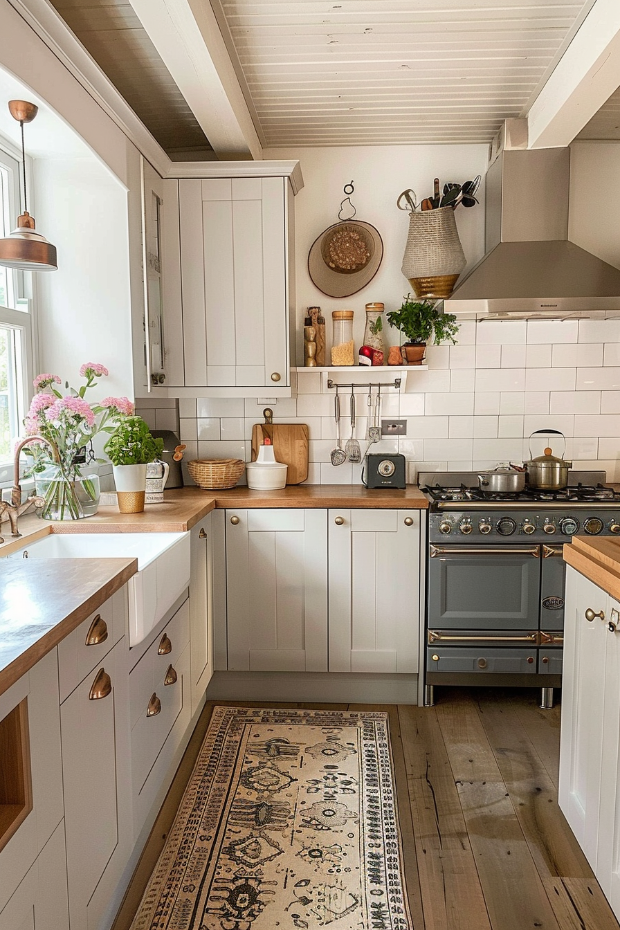 Cozy cottage kitchen with white cabinetry, subway tile backsplash, wooden countertops, and vintage-style appliances.